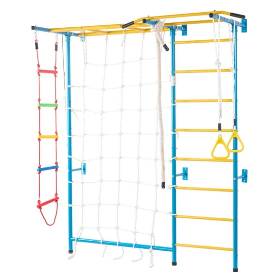 KFFKFF Indoor Play Equipment for Young Kids, 7-Feature Climbing Structure with Carbon Steel Swedish Steps, Wall Steps, Chin-Up Bar, Cord Steps, and Athletic Loops, Holds up to 220 lbs, Various Colors