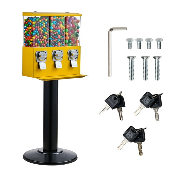 KFFKFF Industrial Coin-Operated Machine, Three-Section Sweet Distributor with Metal Base, Business-Grade Gumball and Confectionery Device, Coin-Driven Gumball Repository