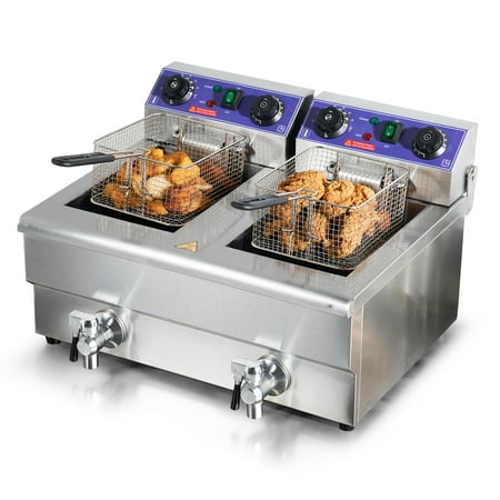 KFFKFF Industrial Dual Chamber Fryer, 3000W Electric Tabletop Frying Machine with Basket, 2 x 11.6Qt/11L Twin Stainless Steel Oil Fryer with Oil Filter System, Temperature & Time Management