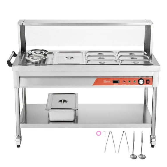 KFFKFF Industrial Electric Food Heating Unit, 7 Trays + 2 Bowls Steaming Station, 1800W Expert Catering Food Heater with Protective Shield, Under-shelf Wheels, Stainless Steel Serving Equipment