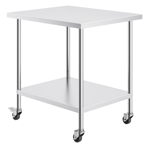 KFFKFF Industrial Grade Stainless Steel Work Table, 30" x 36" Kitchens Food Food Preparation Table with 4 Casters, Adjustable Height for Business Kitchens and Eateries, Silver