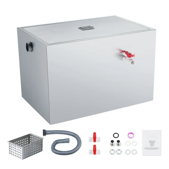 KFFKFF Industrial Oil-Fat Collector, 40 LBS Capacity, Sideway Entry, Under Counter Stainless Steel Fat Trap, 10 GPM Wastewater Oil-Water Partition, Suitable for Cafeteria Domestic Kitchen