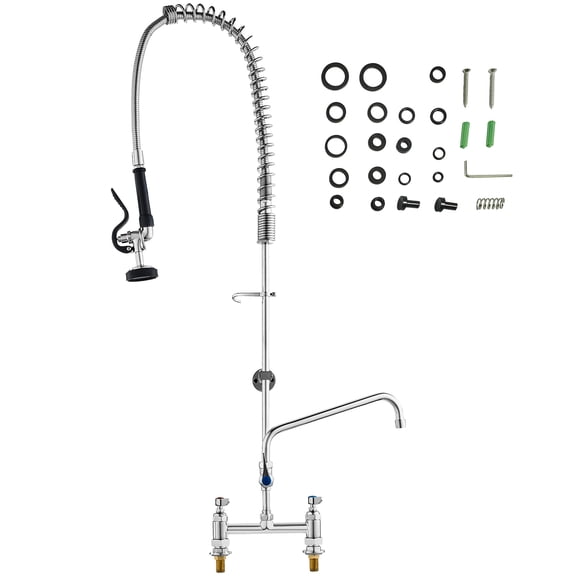 KFFKFF Industrial Sink Faucet, 44" Height, 8" Installation Distance, 12" Swivel Spout, Wall-Mounted, Brass Construction with Adjustable Sprayer, Compatible with Single or Triple Basin