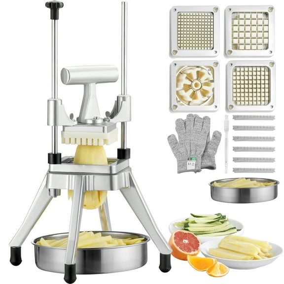 KFFKFF Industrial Veggie and Fruit Slicer, Robust Stainless Steel Potato Chip Maker with Quartet of Blades (1/4", 3/8", 1/2"), Hexagonal Wedge Slicer, Tray-Included Dicer and Cutter