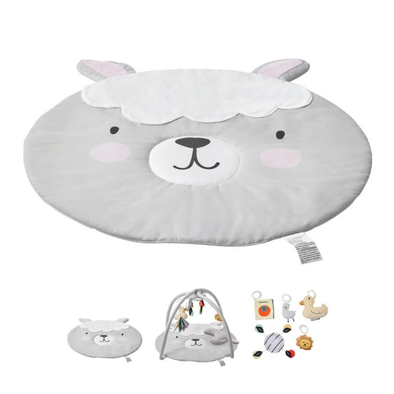 KFFKFF Infant Play Mat, Belly Time Mat with 5 Interactive Toys, Infant Activity Mat with Illuminated Melodic Duck Toy for Ages 0-18 Months, Essential Infant Present