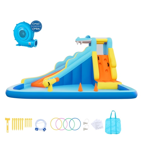 KFFKFF Inflatable Bounce House with Slide, 11.6 x 13.1 x 7.7 ft Play Area, Features Bouncing Zone, Climbing Wall, Splash Pool, and Water Ring Toss, Suitable for 3 to 4 Children Ages 3 to 8