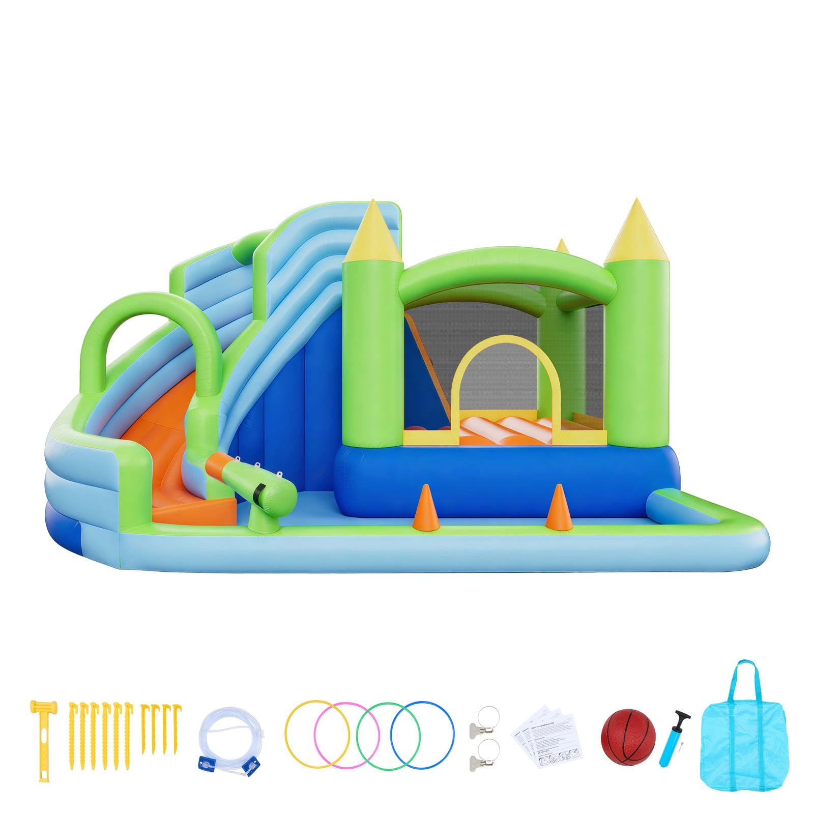 KFFKFF Inflatable Bounce House with Water Slide, 11.3 x 12.3 x 7.0 ft Bouncer Castle Featuring Jump Area, Basketball Hoop, Splash Pool, and Water Ring Toss, Suitable for 3-4 Kids Aged 3-8