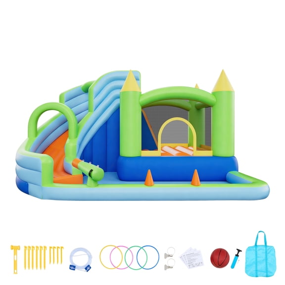 KFFKFF Inflatable Bounce House with Water Slide, 11.3 x 12.3 x 7.0 ft Bouncer Castle Featuring Jump Area, Basketball Hoop, Splash Pool, and Water Ring Toss, Suitable for 3-4 Kids Aged 3-8