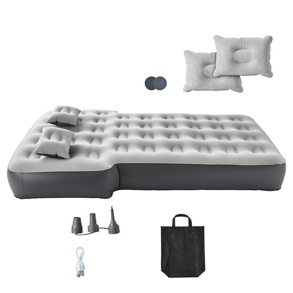KFFKFF Inflatable Car Air Mattress, Compatible with Toyota 4runner and Jeep Wrangler, Thickened Flocking Travel Bed for Camping, Durable Portable Sleeping Pad with Built-in Pump and 2 Pillows, Gray
