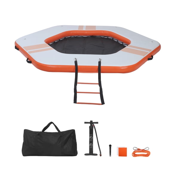 KFFKFF Inflatable Floating Dock, 8.5x8.5 FT Water Platform with Non-Slip Surface, Portable Carry Bag & Removable Ladder, Floating Mat for Pool, Beach, or Ocean, Orange