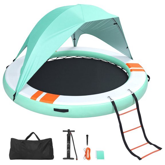 KFFKFF Inflatable Floating Dock, 8 FT Round Platform with Non-Slip Surface, Portable Carry Bag & Detachable Ladder, Floating Mat for Pool, Beach, and Ocean Activities