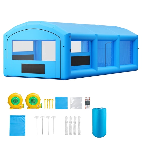 KFFKFF Inflatable Paint Booth, 28 x 15 x 10 ft, Portable Spray Tent with 750W and 950W Blowers, Large Filter System, Arched Roof Design for Trucks, Small Boats, Blue