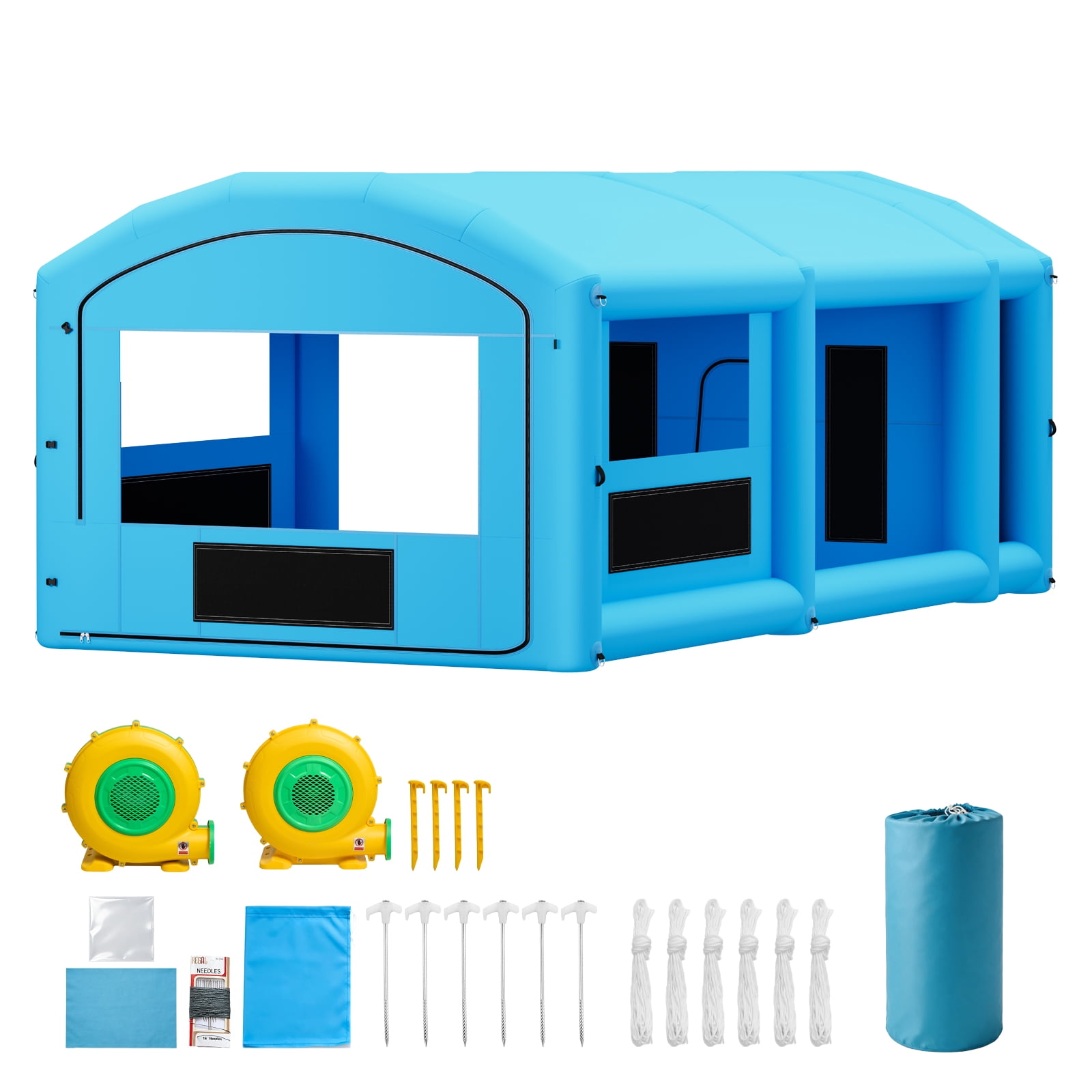 KFFKFF Inflatable Paint Booth, 30 x 16 x 12 ft, Portable Spray Tent with 750W+950W Blowers, Large Filters, Changing Area, Arched Roof for Full-Size Trucks and Small Boats, Blue