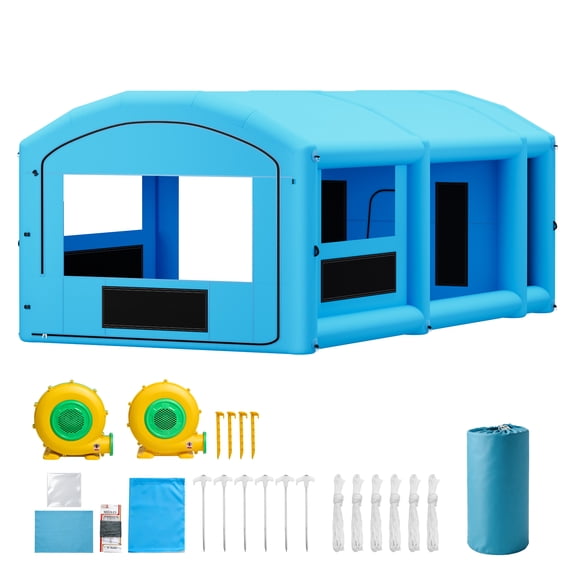 KFFKFF Inflatable Paint Booth, 30 x 16 x 12 ft, Portable Spray Tent with 750W+950W Blowers, Large Filters, Changing Area, Arched Roof for Full-Size Trucks and Small Boats, Blue