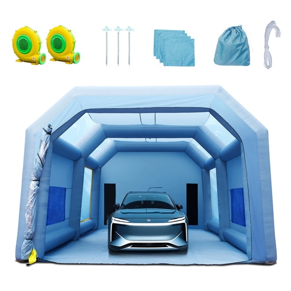 KFFKFF Inflatable Paint Booth, Spray Paint Tent with Dual Blowers, 33 x 20 x 13 ft, 210D Oxford Fabric & PVC, Blue