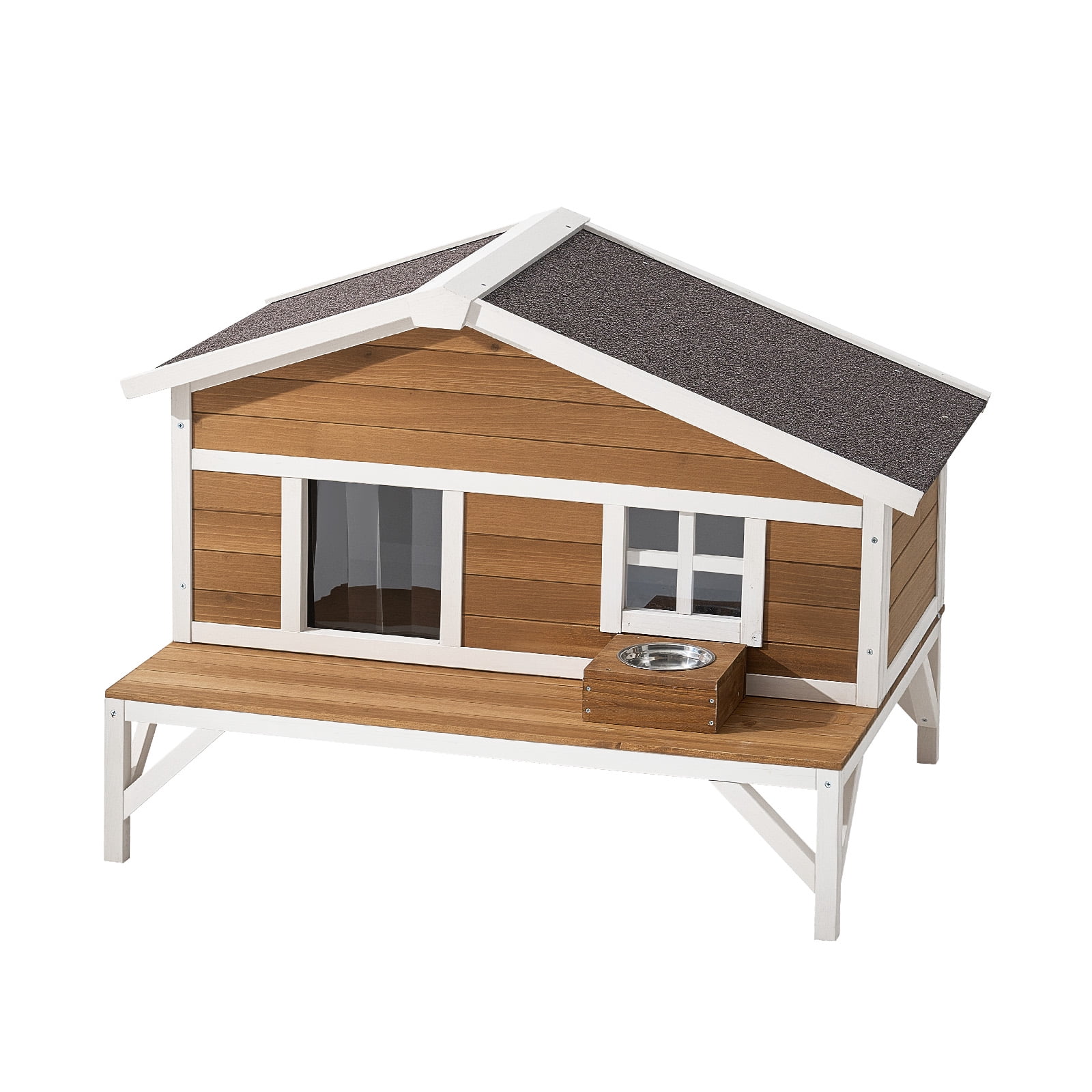 KFFKFF Insulated Wooden Cat House for Outdoor & Indoor Cats – 31‑Inch Weather‑Resistant Shelter,&nbsp; Spacious Platform,Brown