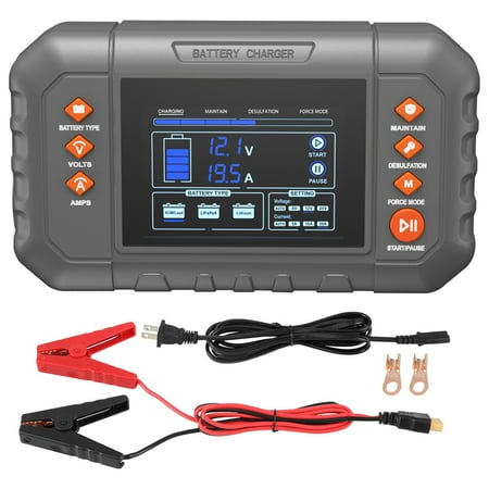 KFFKFF Intelligent Battery Charger, 20-Amp, Lithium LiFePO4 Lead-Acid (AGM / Gel / SLA) Vehicle Battery Charger with LCD Screen, Gradual Charger Sustainer Desulfator for Marine