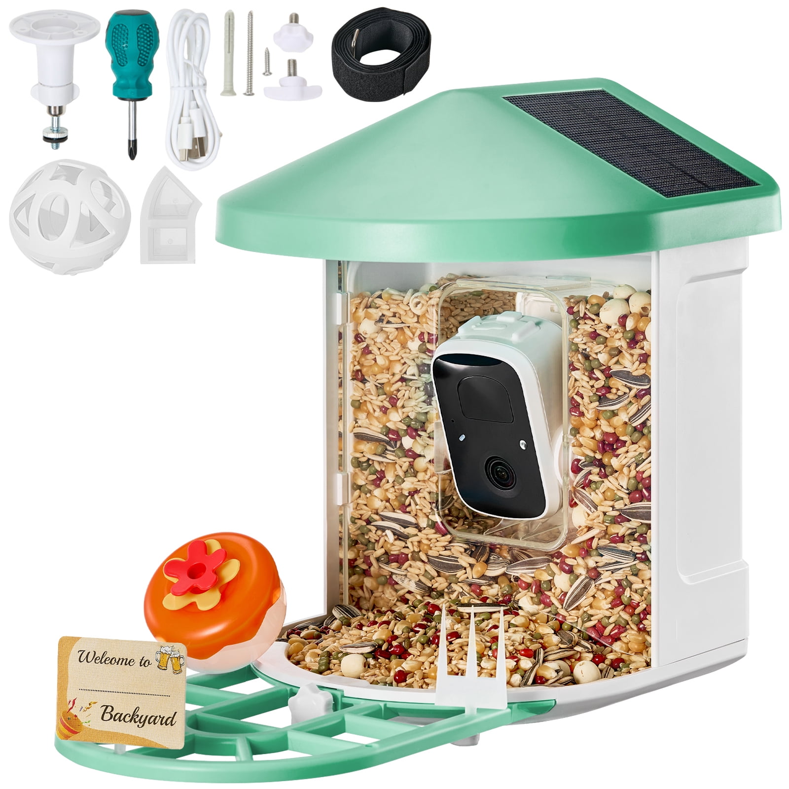 KFFKFF Intelligent Bird Feeder Camera, 2K HD, Solar-Powered, Recognizes Over 10,000 Species, Automatic Photo Capture & Alerts, Ideal Outdoor Gift for Bird Enthusiasts, Includes 2 Solar Panels