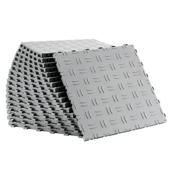 KFFKFF Interlocking Garage Floor Tiles, 12 x 12 x 0.53 inch, Pack of 50, Non-Slip Double-Sided Textured Flooring for Garages, Basements, and Workshops, Silver