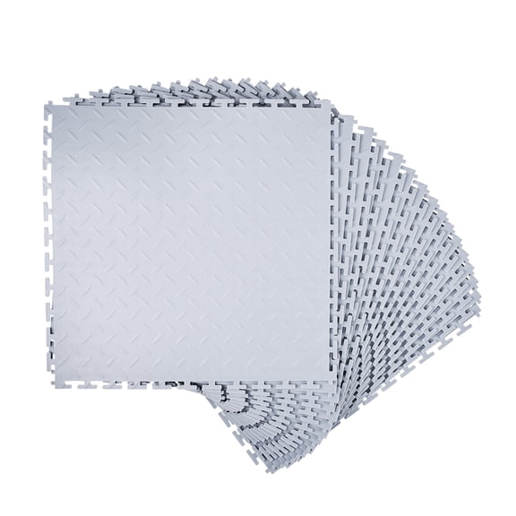 KFFKFF Interlocking Garage Floor Tiles, 16 Pack 20.2 x 20.2 x 0.2 in Modular PVC Flooring, Diamond Pattern Slip-Resistant Mats for Workshop, Warehouse, or Tool Room, Light Gray