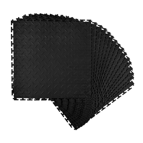KFFKFF Interlocking Garage Floor Tiles, 16 Pack 20.2 x 20.2 x 0.2 in Modular Slip-Resistant PVC Flooring, Diamond Plate Design for Workshops, Warehouses, and Tool Rooms, Black