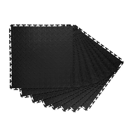 KFFKFF Interlocking Garage Floor Tiles, 8 Pack 20.2 x 20.2 x 0.2 in Modular PVC Flooring with Diamond Plate Design, Slip-Resistant Mats for Workshop, Warehouse, Tool Room, Black