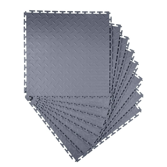 KFFKFF Interlocking Garage Floor Tiles, 8 Pack 20.2 x 20.2 x 0.2 in, Modular PVC Flooring with Diamond Plate Design, Slip-Resistant Mats for Workshop, Warehouse, and Tool Room, Graphite Gray