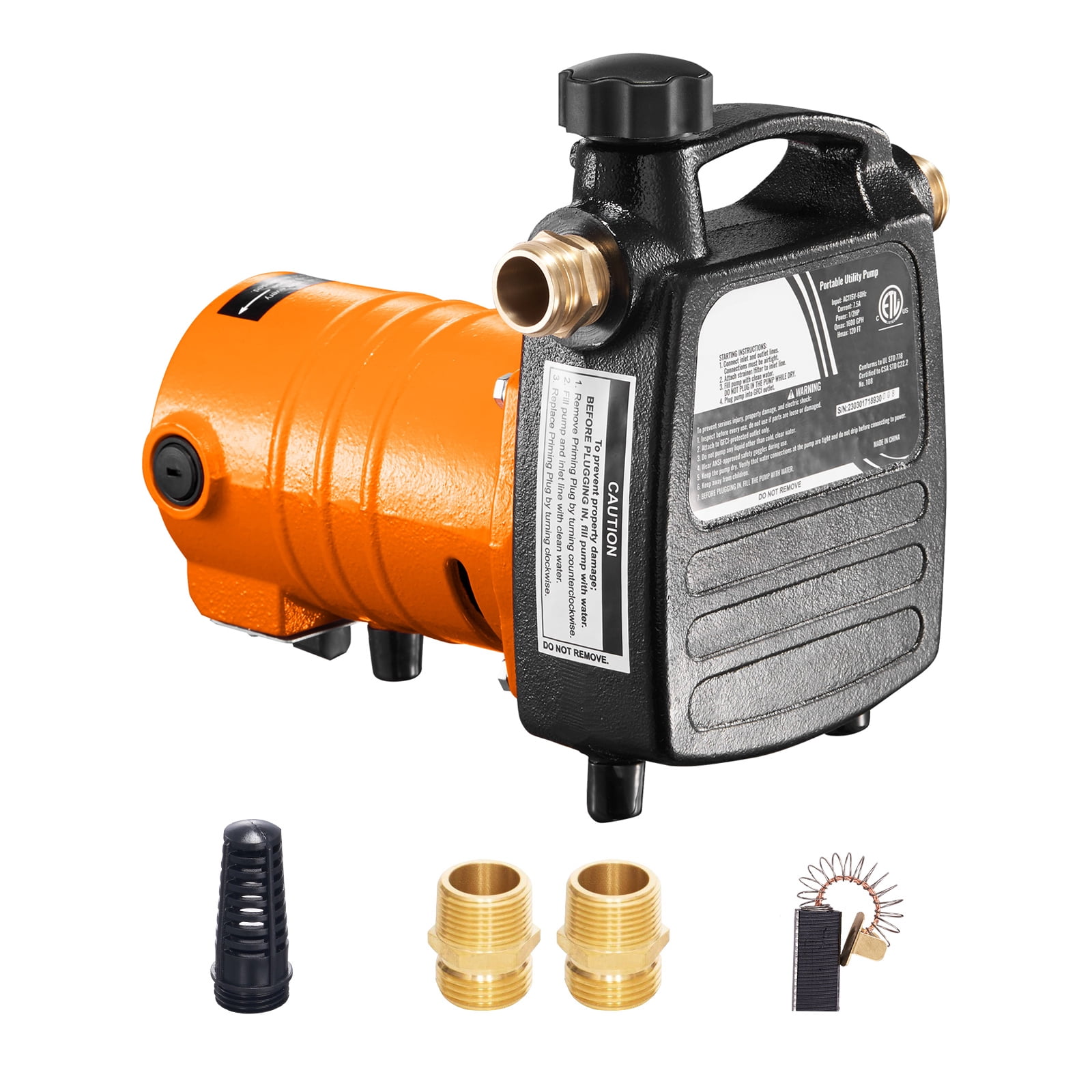 KFFKFF Iron-Made Water Relocation Device, 115V AC 1600 GPH 1/2HP, Compact Electric Convenience Pump with Carbon Brush, Filter, Brass Fittings, Suitable for Garden, Rain Collection Barrel