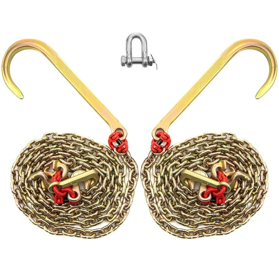 KFFKFF J Hook Chain, 5/16 in x 10 ft, G80 Alloy Steel Bridle Tow Chain with Dual G70 J Hooks, 9260 Lbs Break Strength, Durable for Truck Towing, 2 Pack