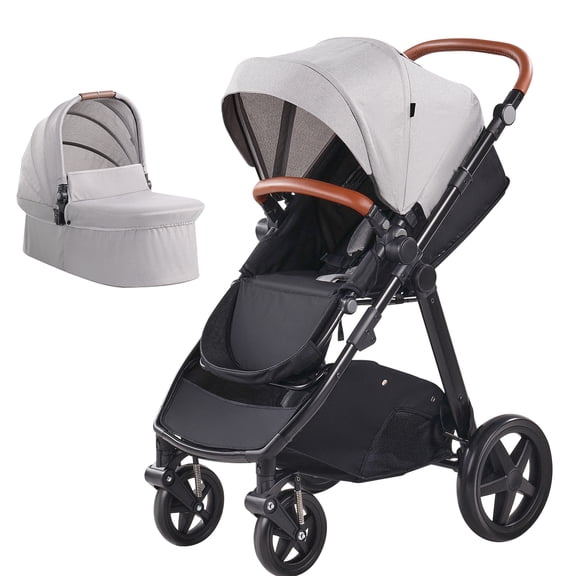 KFFKFF Journey Ensemble: 2-in-1 Infant Bassinet & Stroller, Reversible Seating, Simple One-Click Fold, Durable EVA Wheels with Safe Braking System, Aluminum Frame - Baby Travel Set in Light Gray