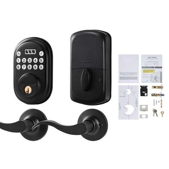 KFFKFF Keyless Entry Door Lock with Handle, Electronic Keypad Lever, Password and Key Unlock Options, Auto-Locking System with Deadbolt, Temporary Password Feature, Suitable for Front Doors, Black