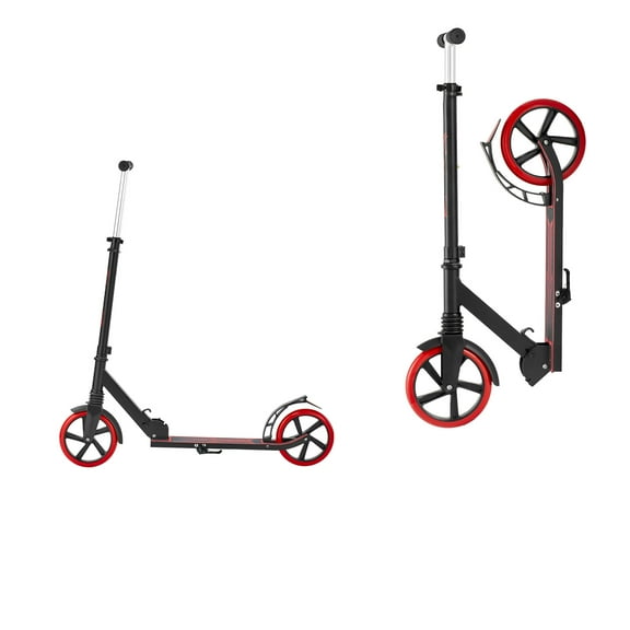 KFFKFF Kick Scooter for Kids 8+, Teens, and Adults, 2-Wheel Scooter with Adjustable Handlebar, Sturdy Non-Slip Deck, Foldable and Lightweight Design, Supports up to 220 lbs, Black and Red
