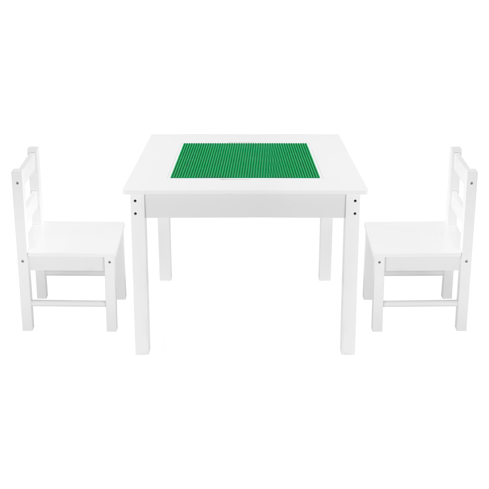 KFFKFF Kids Activity Table and 2 Chairs Set, Double-Sided Building Block Tabletop, Toddler Table and Chair Set with Storage Compartments for Ages 3+, Spacious Design, Gift for Boys and Girls, White