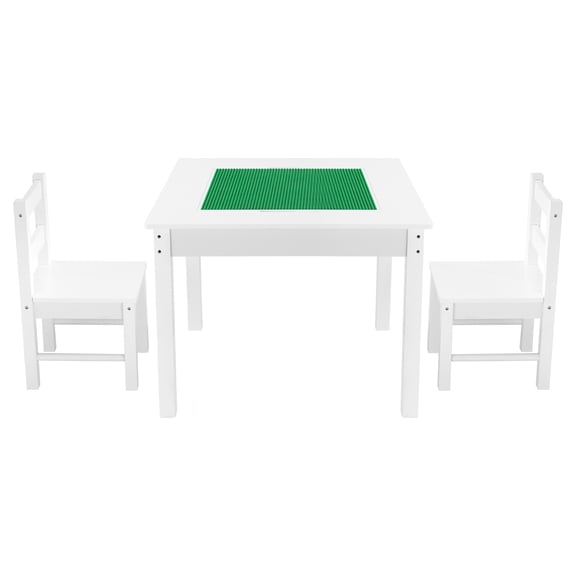 KFFKFF Kids Activity Table and 2 Chairs Set, Double-Sided Building Block Tabletop, Toddler Table and Chair Set with Storage Compartments for Ages 3+, Spacious Design, Gift for Boys and Girls, White