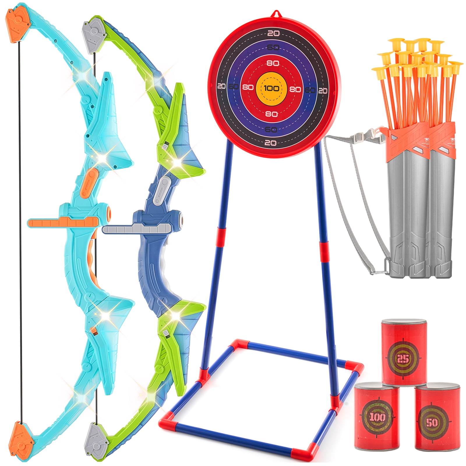 KFFKFF Kids' Archery Play Set, Includes 2 LED Illuminated Bows, 20 Suction Arrows, 1 Stand-Up Target, Dual Quivers & 3 Can Targets