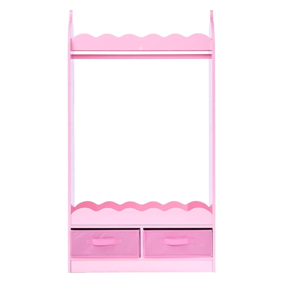 KFFKFF Kids Dress Up Storage with Mirror, Toddler Costume Wardrobe with Drawer, Dress Up Closet for Girls, Pretend Play Organizer, Costume Storage Dresser for Bedroom or Playroom, Pink