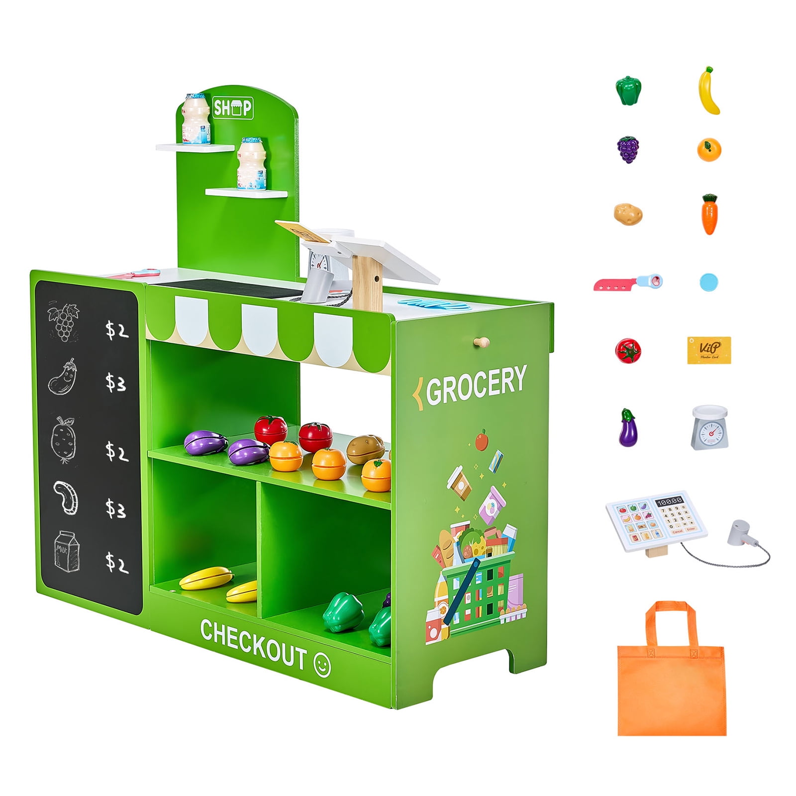 KFFKFF Kids Grocery Store Playset, Wooden Market Stand with