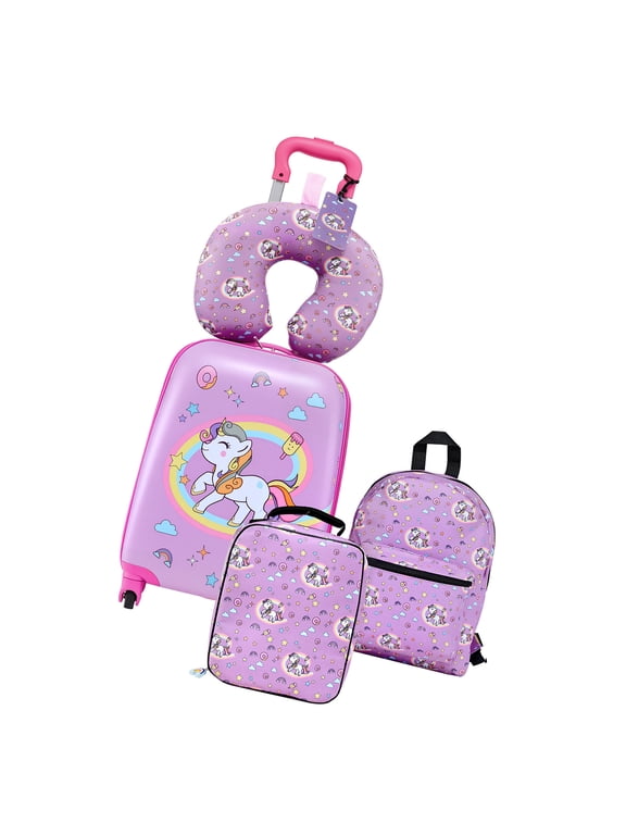 Kids Luggage Set, 5-Piece, 18-Inch Hard Shell Rolling Suitcase with Backpack & U-Shape Pillow, Unicorn-Themed Travel Set for Children, Perfect for Holidays and Birthdays, Airline Friendly