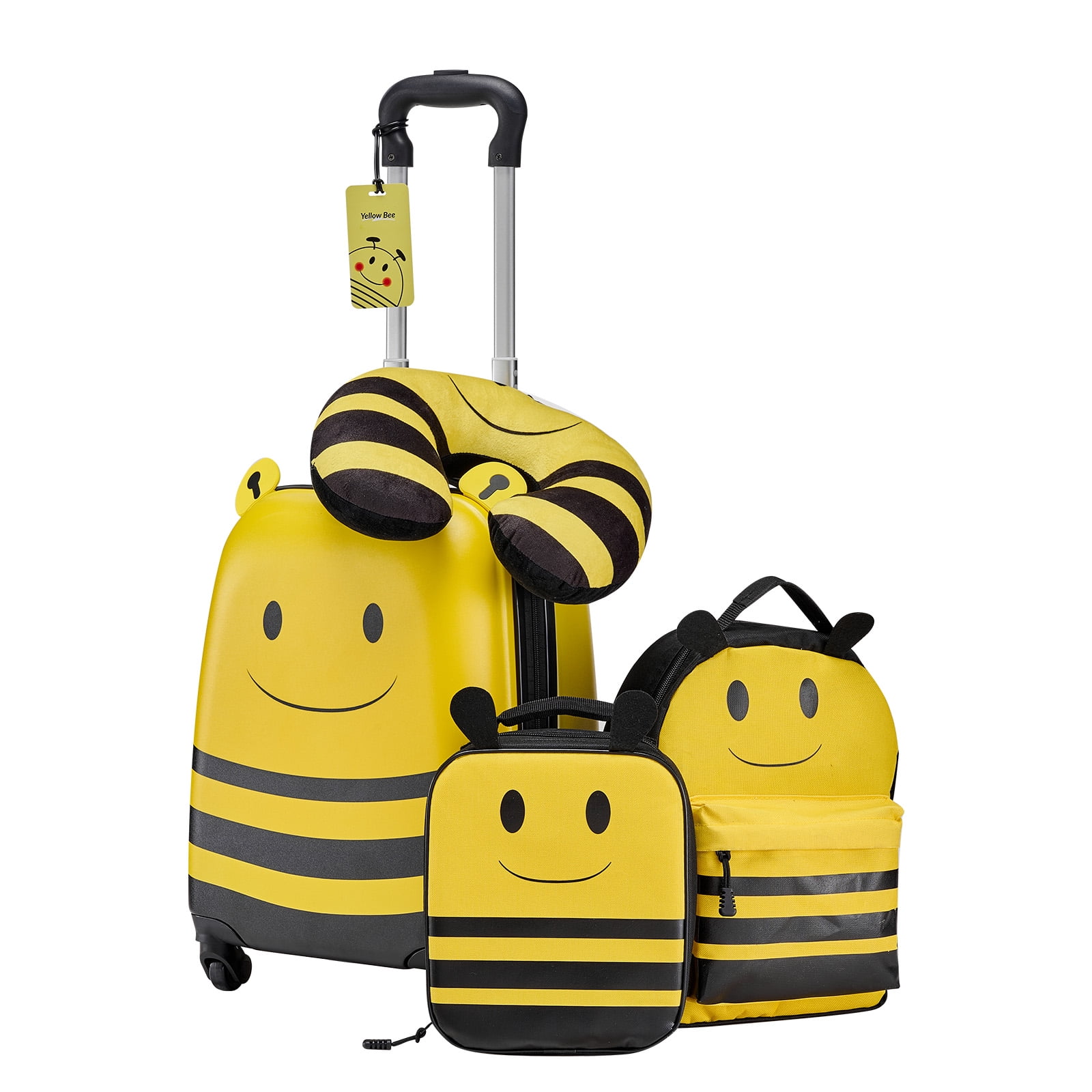 KFFKFF Kids Luggage Set, 5-Piece, 18-Inch Hard-Shell Rolling Suitcase with Backpack & U-Shaped Pillow, Bee-Themed Carry-On for Children, Travel Gift for Boys and Girls, Airline Friendly