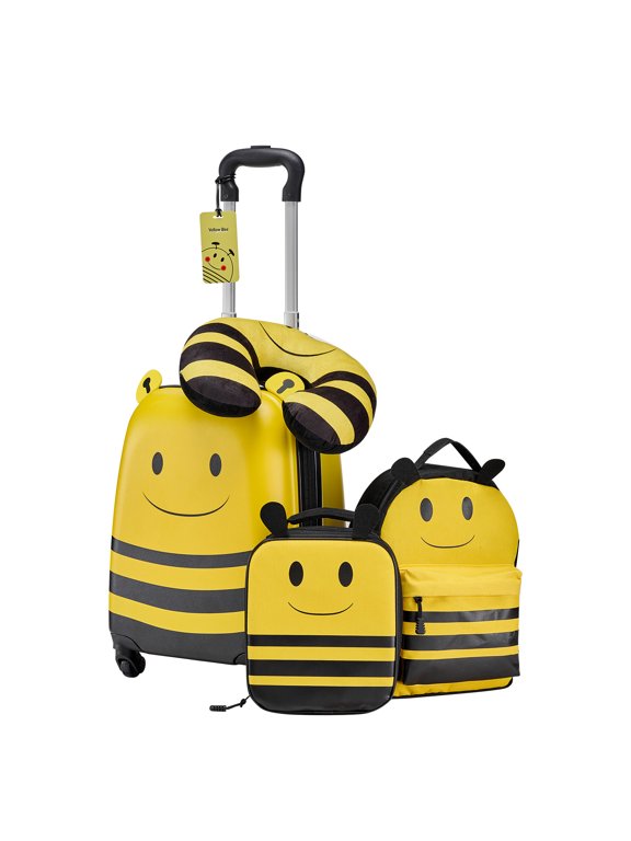 Kids Luggage Set, 5-Piece, 18-Inch Hard-Shell Rolling Suitcase with Backpack & U-Shaped Pillow, Bee-Themed Carry-On for Children, Travel Gift for Boys and Girls, Airline Friendly