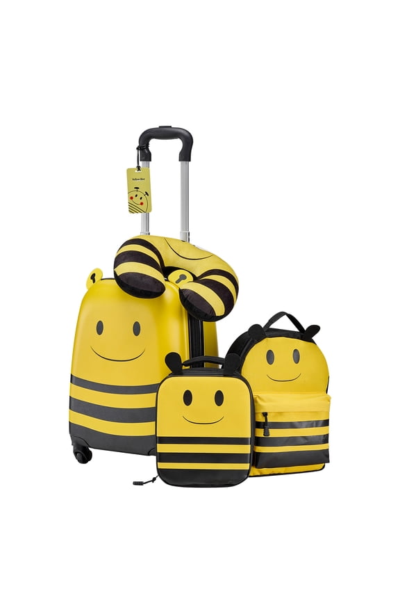 Kids Luggage Set, 5-Piece, 18-Inch Hard-Shell Rolling Suitcase with Backpack & U-Shaped Pillow, Bee-Themed Carry-On for Children, Travel Gift for Boys and Girls, Airline Friendly