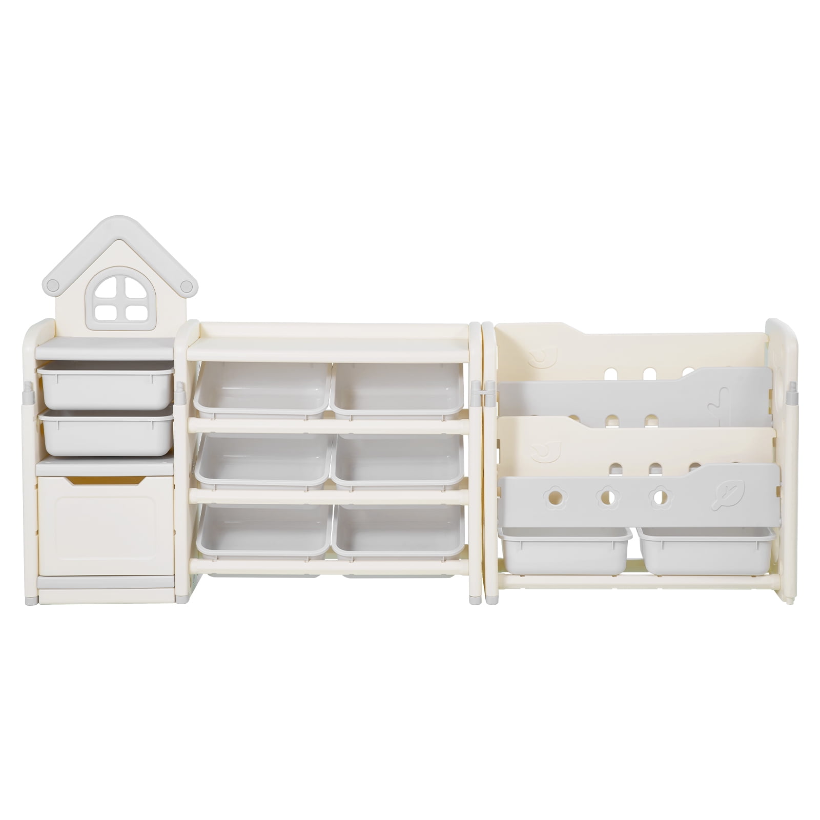 KFFKFF Kids Toy Organizer with Bookshelf, 4-Tier Storage Unit with 10 Removable Plastic Bins, Multi-Functional Cabinet for Study Room, Bedroom, Playroom, Classroom, Nursery, Gray and Beige