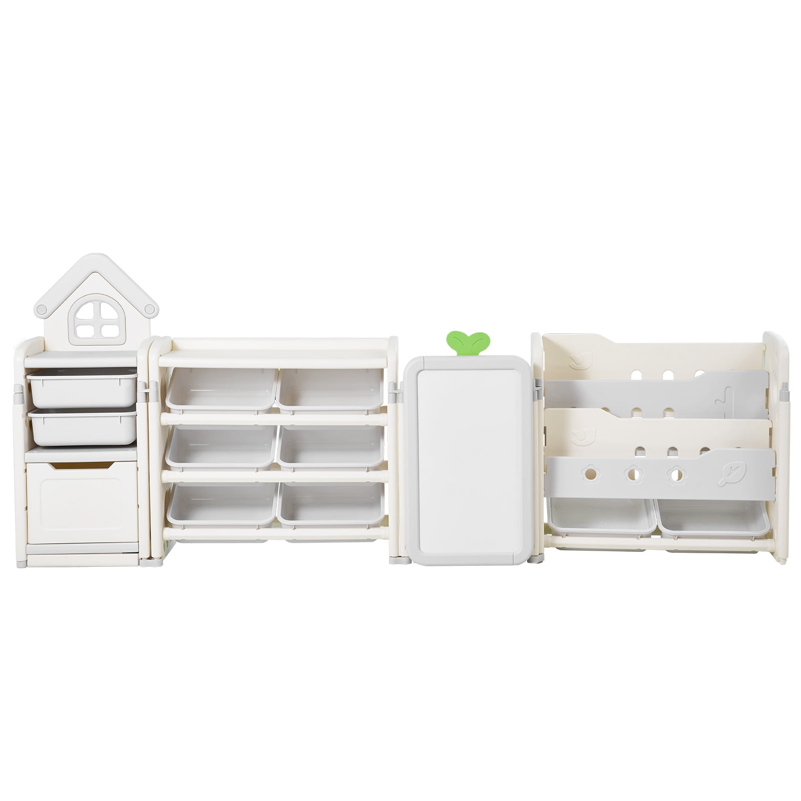 KFFKFF Kids Toy Storage Organizer with Bookshelf, 4-Tier Unit Featuring 10 Removable Plastic Bins, Cubby Cabinet with Bookshelf and Drawing Board