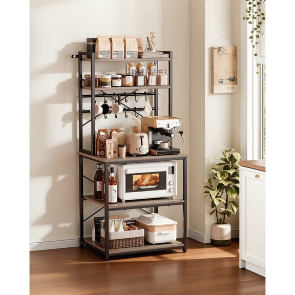 KFFKFF Kitchen Bakers Rack, 23.6-Inch Wide Stand with X-Support, 12 Hooks, Double Top Shelf, Coffee Bar Organizer for Dishes, Bowls, and Spices