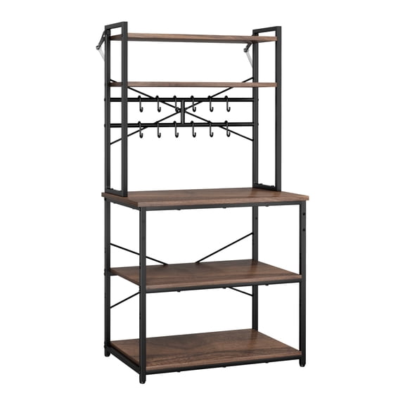 KFFKFF Kitchen Bakers Rack, 31.5-Inch Wide Storage Stand with X-Shaped Support, 12 Hooks, Double-Tier Upper Shelf, Multifunctional Organizer for Dishes, Bowls, and Spice Containers