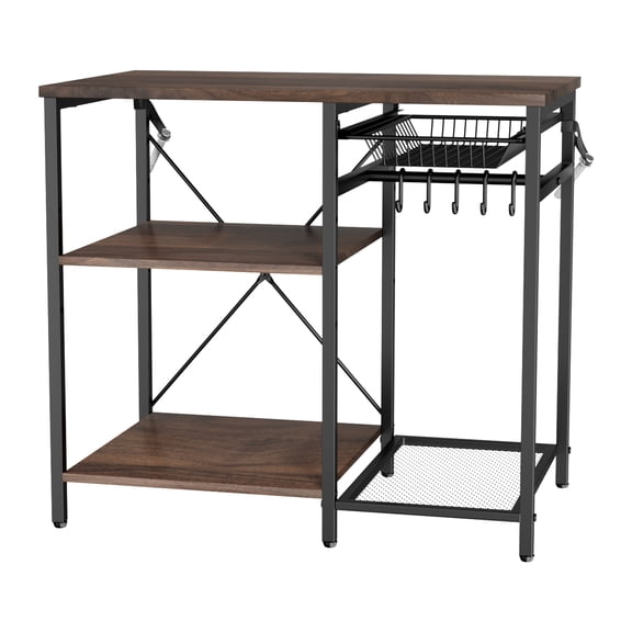 KFFKFF Kitchen Bakers Rack, 35.4-Inch Wide Stand with X-Frame Support, Multi-Tier Storage Shelves, 5 Hooks for Utensils, Ideal for Dishes, Bowls, and Spice Storage