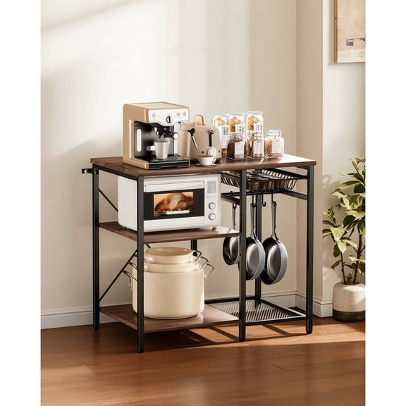 KFFKFF Kitchen Bakers Rack, 35.4-Inch Wide Stand with X-Frame Support, Multi-Tier Storage Shelves, 5 Hooks for Utensils, Ideal for Dishes, Bowls, and Spice Storage