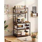 KFFKFF Kitchen Bakers Rack with Power Outlet, 5 ft Cable, 32" Wide with X-Shaped Support Bar, 12 Hooks, Coffee Bar Stand for Dishes and Spices, Built-In Power Strip