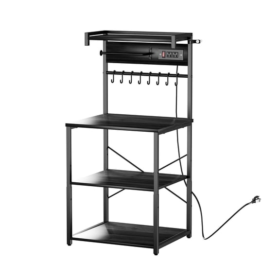 KFFKFF Kitchen Bakers Rack with Power Outlet, 4.6ft Cable, Sturdy X-Shaped Support, 8 Hooks, and Storage for Dishes, Spices, and Coffee Essentials