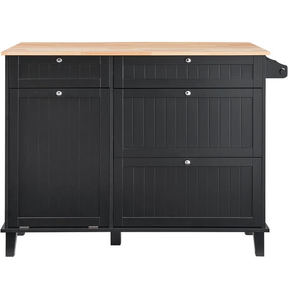 KFFKFF Kitchen Cart, 50" Wooden Surface for Breakfast Prep, Includes Trash Unit for 10 Gallon, Country Style Dining Table with Extendable Side, Handy Towel Holder, Drawer, in Black